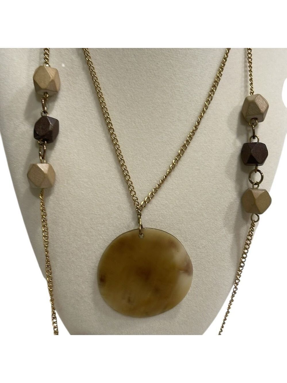 Shell Pendant  and Wood Layered Long Necklace Brown Tan Gold